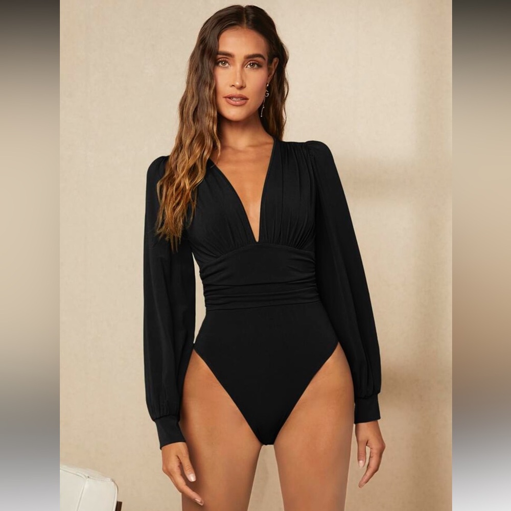 SHEIN Lantern Sleeve Black V-Neck Bodysuit Large L